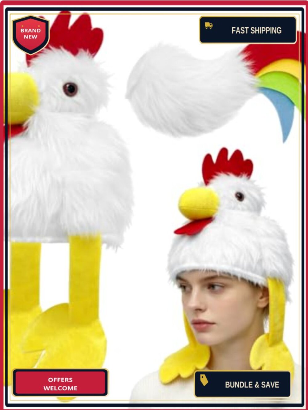 Plush Chicken Hat and Tail Set Rooster Costume Faux Fur Adult One Size
